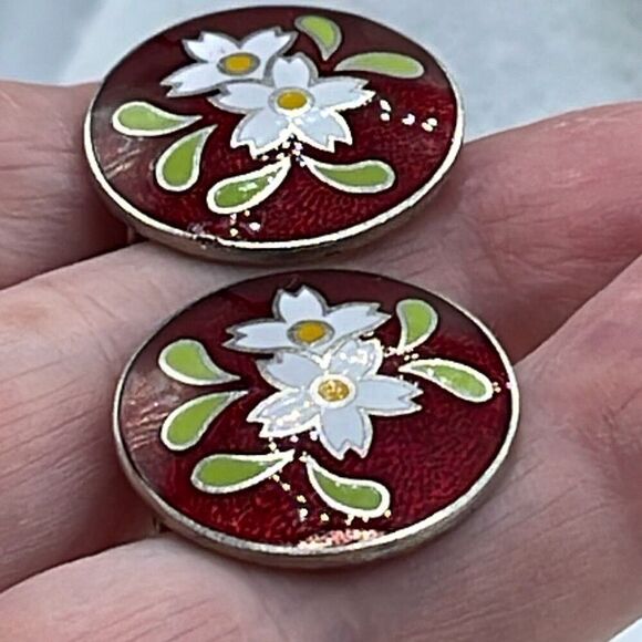 VTG Cloisonné red with flower screw back earrings - Picture 2 of 5